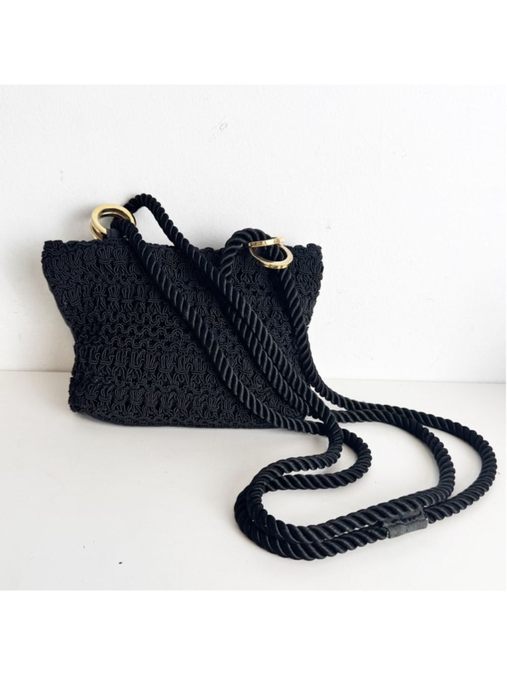 Vintage Aldo Black crochet Crossbody Bag with gold hardware and rope strap